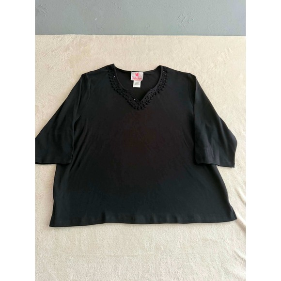 Quacker Factory Tops - Quacker Factory Black Cotton Rosette Beaded V-Neck 3/4 Sleeve Top Plus Size 3X
